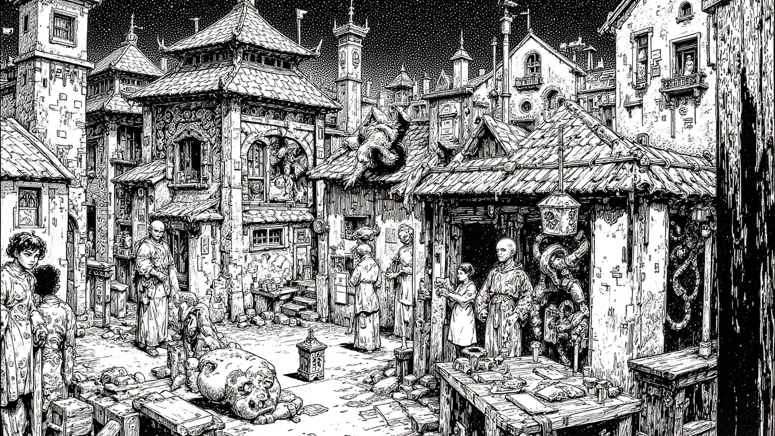 There's an Ukiyo-e of a decadent medieval European city, Dark Ages ,People Falling by the Wayside,disease,mouse,Flesh-pecking Raven,wide angle shot,  chiaroscuro,  detailed cover art ,Black Details ,Scary works, Exorcist ,abstract and abstract sky, mystica...