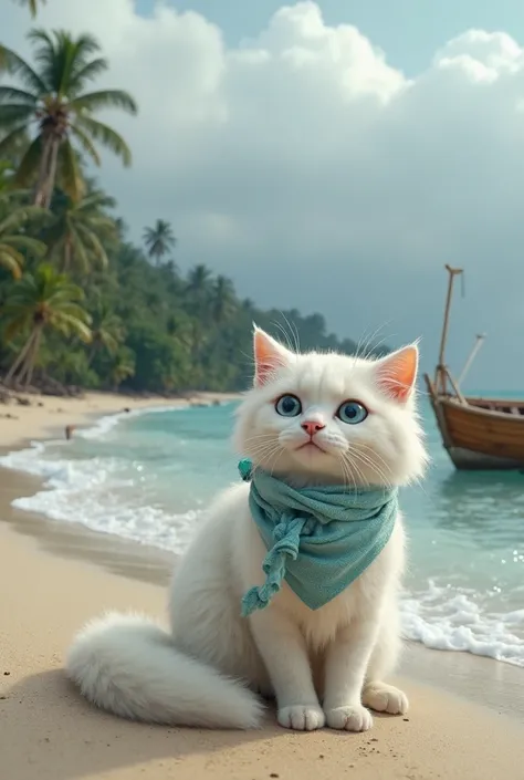 A fluffy white cat with long, soft fur and large bright blue eyes sits alone on the sandy shore of a deserted tropical island. The cat, about , has perked-up ears, a long fluffy tail curled around its small paws, and wears a light blue triangular scarf tie...