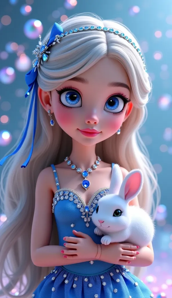 A highly detailed 3D-animated rendering of a age girl with long, silky silver-blonde hair, styled with a sapphire-blue ribbon adorned with gemstones. Her porcelain-like skin has a rosy glow, and her large, expressive blue eyes shimmer with a dreamy gaze. S...