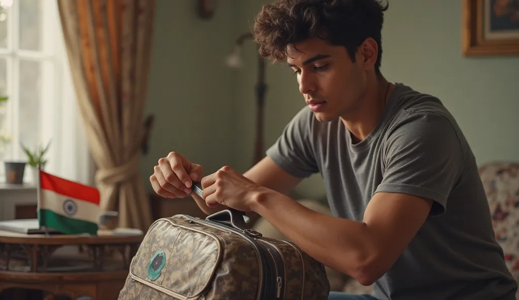 A determined young man packing his suitcase, with an Indian flag placed on top. Behind him, a plane ticket to India is visible on the table.
