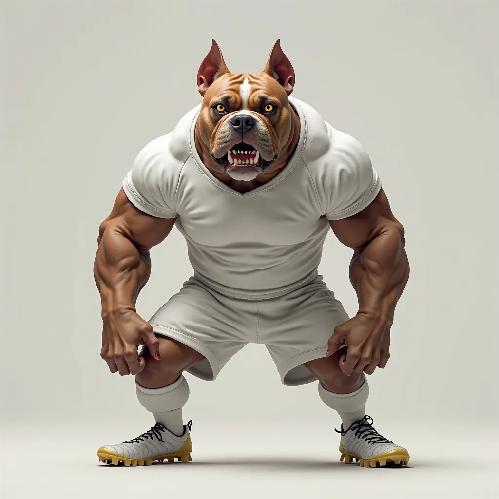 Create a strong and angry realistic humanoid pitbull, standing full body, looking forward, For me. dressed in a white soccer uniform and wearing soccer cleats.