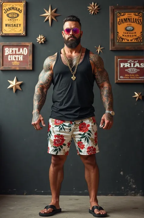 
A muscular man with tanned skin and a confident expression stands in front of a dark gray wall decorated with vintage whiskey signs and star-shaped ornaments. He wears a black tank top, revealing his tattooed arms and chest, with intricate and colorful de...