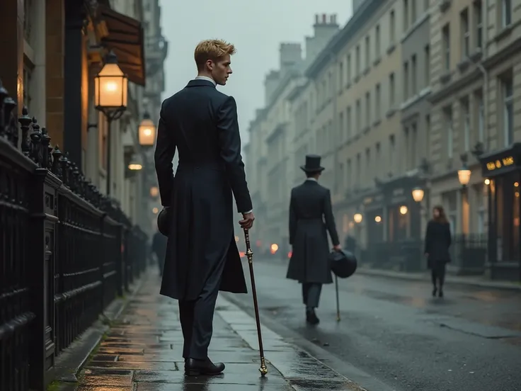 A 29 year old  European blonde male, his hair is short, he is wearing a Victorian suit and carries a fancy cane in one hand. He is tipping his hat towards a  middle aged woman passing by as he walks down the sidewalk of Victorian London. It is gloomy and s...