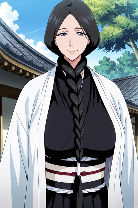 masterpiece,best quality, amazing quality, very aesthetic,anime screencap ,1girl, solo, run0hana, black hair, single braid, dark blue eyes, large breasts, white haori, wide sleeves, black kimono, obi, black hakama, looking at viewer, mature female,old woma...