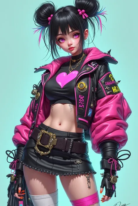 Appearance

A fair-skinned woman, black hair with pink and light blue streaks in two buns, some loose, spiky locks adding a rebellious touch. Pink eyes and a slim, curvy body.

Outfit

The look combines the character's chaotic style with a romantic, cyberp...