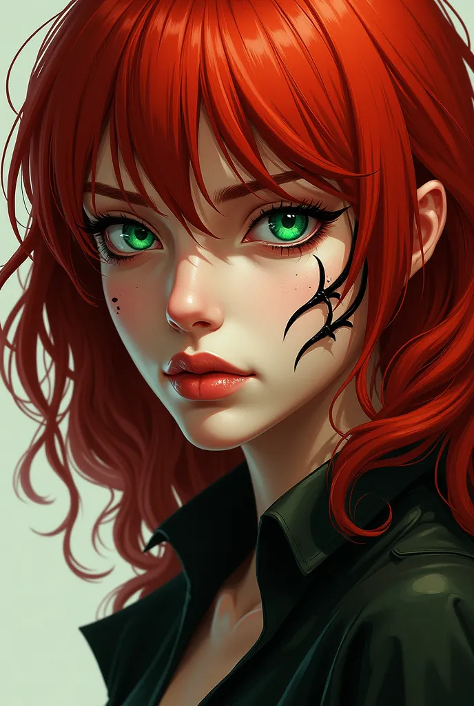 Green-eyed red-haired woman with claw scars on the left side of her face