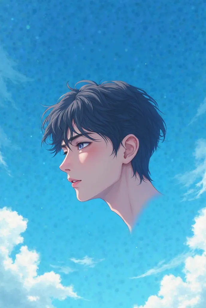 Portrait leftside face of a adult anime wonderlust eyes closed boy flying in the blue sky 4K quality according to the size of youtube thumbnail 