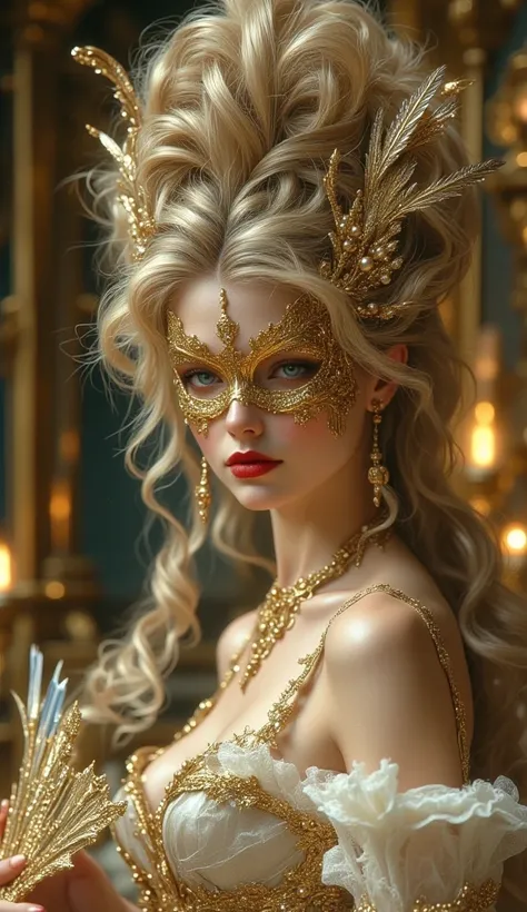 (Best quality, realistic, ultra detailed, UHD,  view from afar , looking at the camera), **"Marie Antoinette, radiant like a goddess, enveloped in pure luxury. her skin flawless, ivory-colored, delicately powdered, with a touch of rouge on the cheeks. her ...