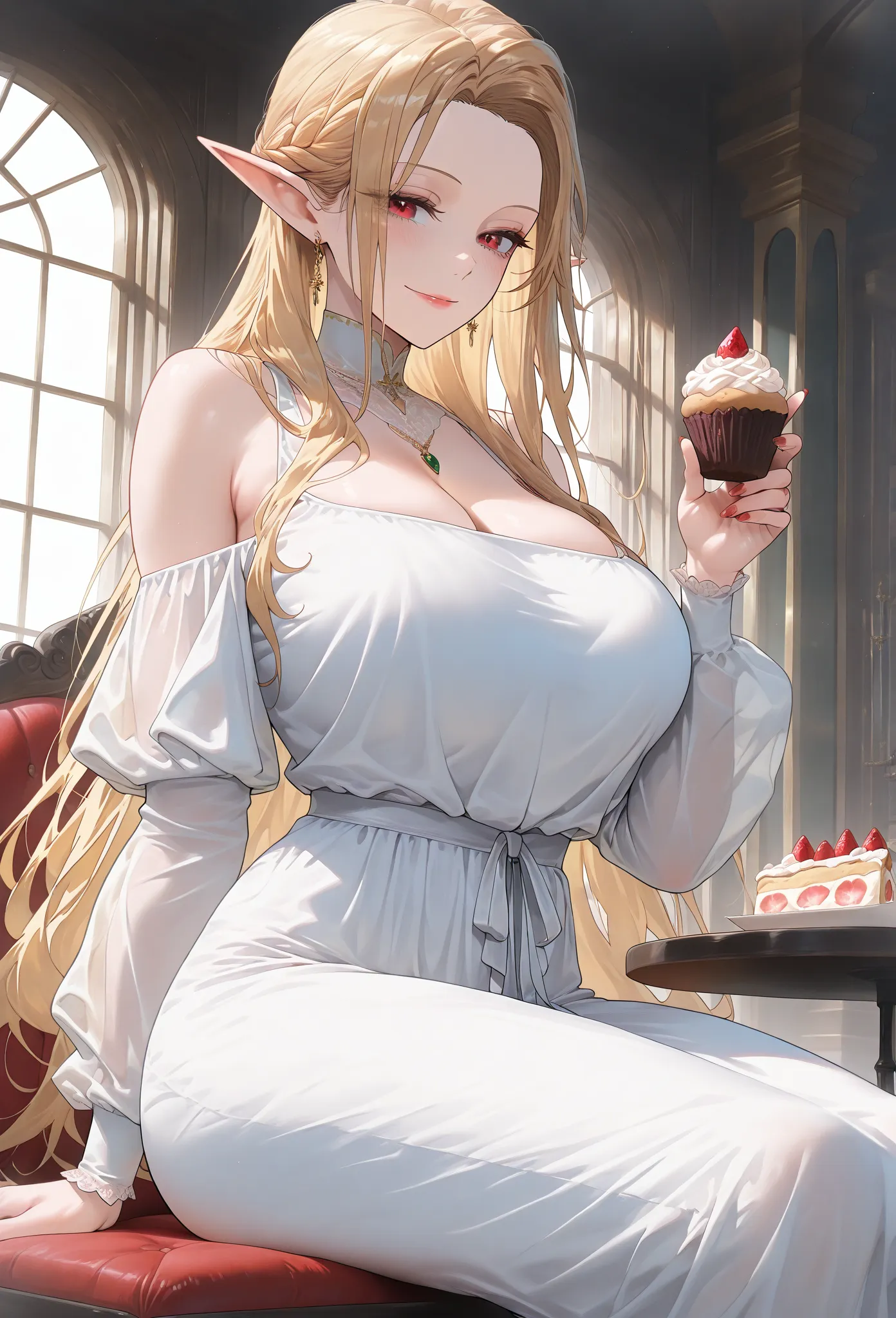 (masterpiece, high resolution, 2k resolution, best quality), (1girl, perfect anatomy, perfect face), ((blonde hair), long hair), (red eyes, perfect eyes), black medieval dress), Narrow shoulders, ((sitting), (expressionless, Sensual woman, Seductive woman,...