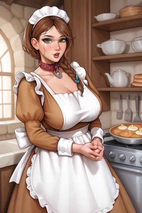 1 girl, brown hair, one braid over shoulder, maid head band, voluptuous, sagging, brown dress, white ruffle apron, medieval cuisine, collar, hands together under belly