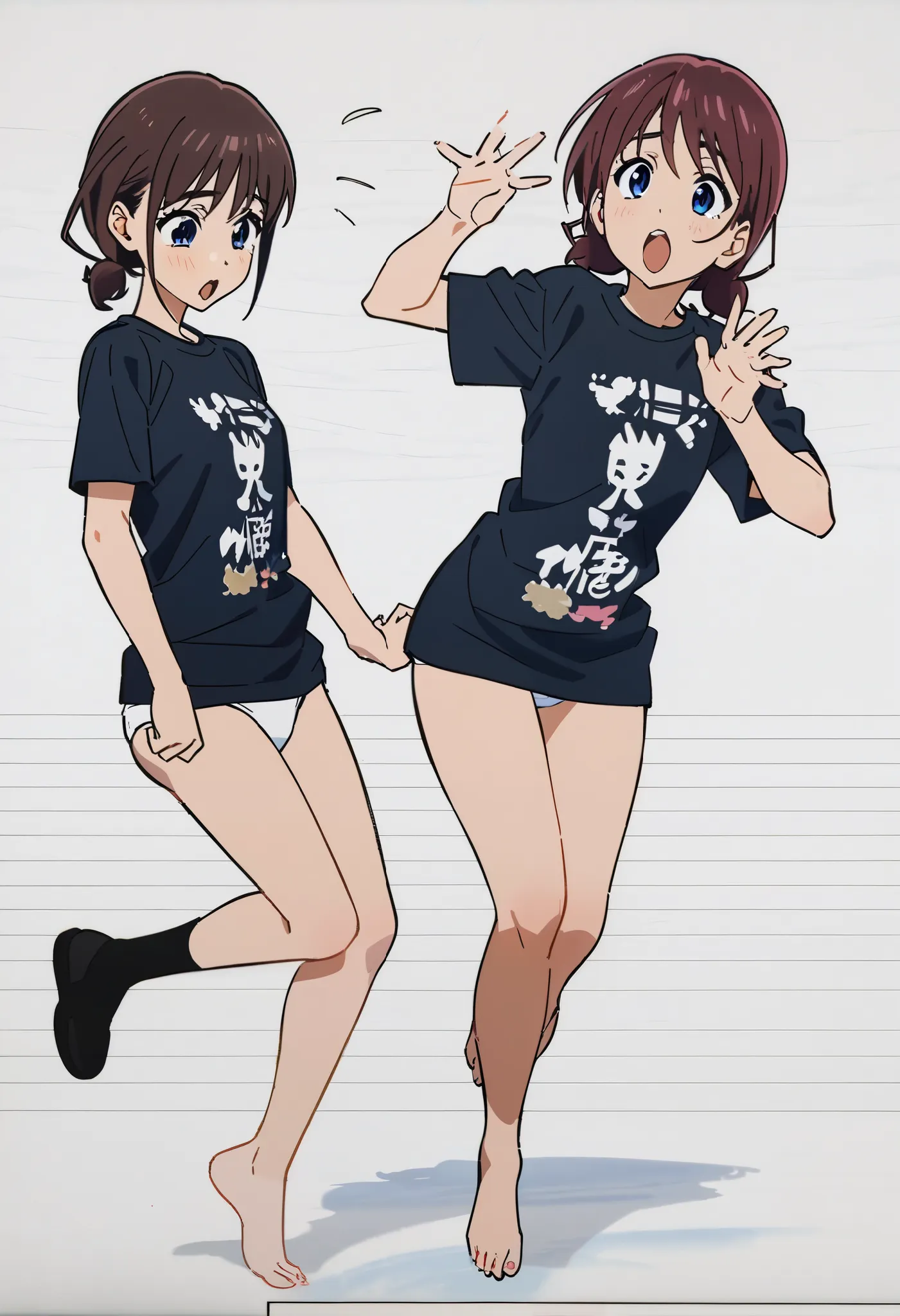 girls,Iseri Nina,surprised,is opening its mouth,full body, Anime Coloring Book, fukabuka t-shirt, white panties, sexy,MASTERPIECE , highest quality ,