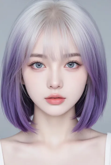 *A highly realistic and lifelike portrait of a young woman with a captivating and unique appearance. She has large, bright blue, almond-shaped eyes with a slightly slanted, Korean-inspired look. Her skin is fair, smooth, and flawless, with beautifully shap...