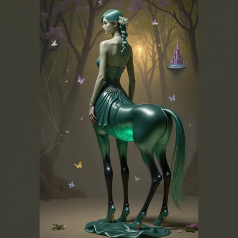 "An elegant jade centaur bride，The upper body is a young woman with a soft skin tone，Wearing a long lace veil inlaid with pearls，Holding a bouquet of lily of the valley，Hair decorated with star dew petals。The lower body is a toned white horse，Covered with ...
