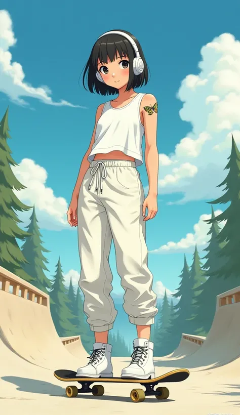 Studio Ghibli style, an asian chick, wearing a white sleeveless t-shirt, white cargo, butterfly tattoo on the shoulder, white boot, white headset, doing attractions with skateboard, realistic human world background 