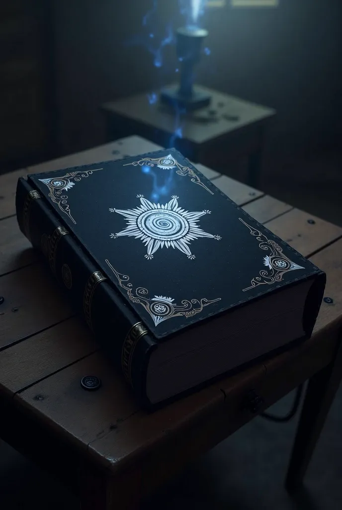 Very worn black grimoire with the symbol of a silver sun on the cover, perched on a wooden table, Anime-style drawing 