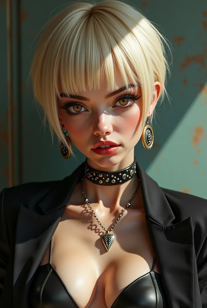 (((( Masterpiece )))),Expensive quality, very much_Expensive_decide,big_ file size , thick outline,clear contours,big breasts,thin,blonde,short hair,Bobcat, earrings, Punk rock fashion , brown eyes,(realisticな,3D face:0.8),Expensively detailed eyes,(realis...