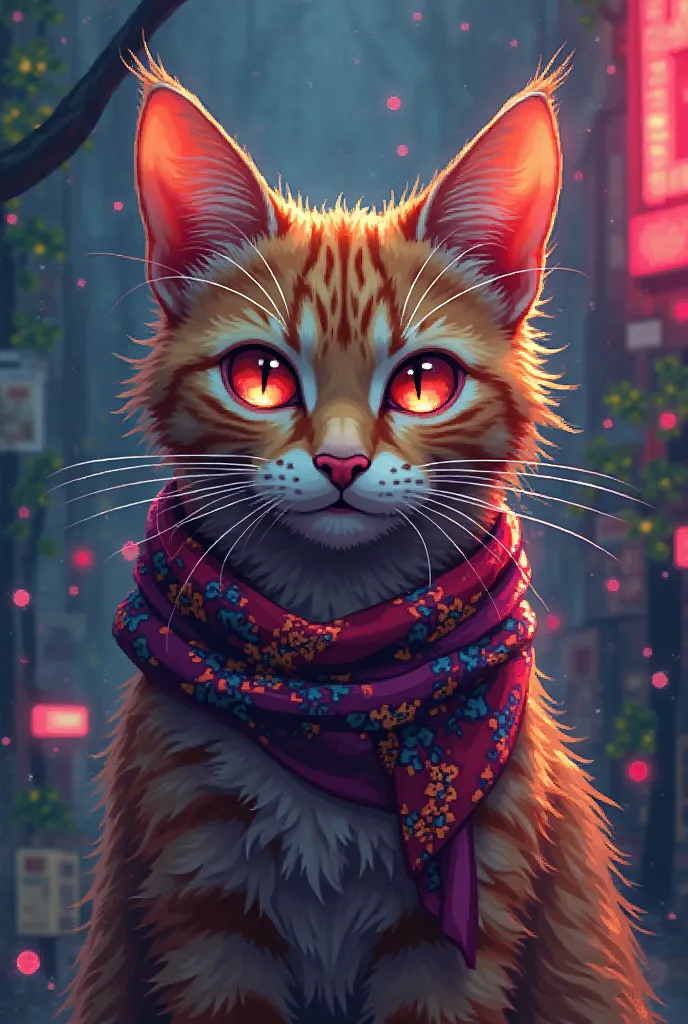 Brown cat with red eyes with a scarf in pixel style