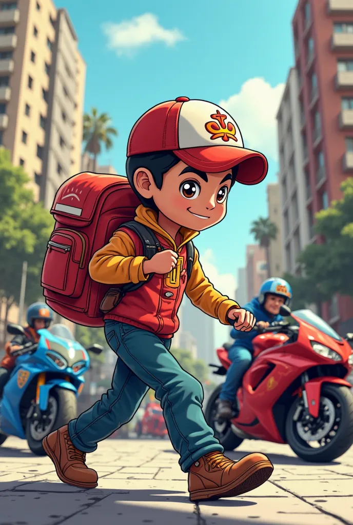 a chasqui with red and white delivery backpack, with sports bikes in the Miraflores district, Peru, in cartoon mode