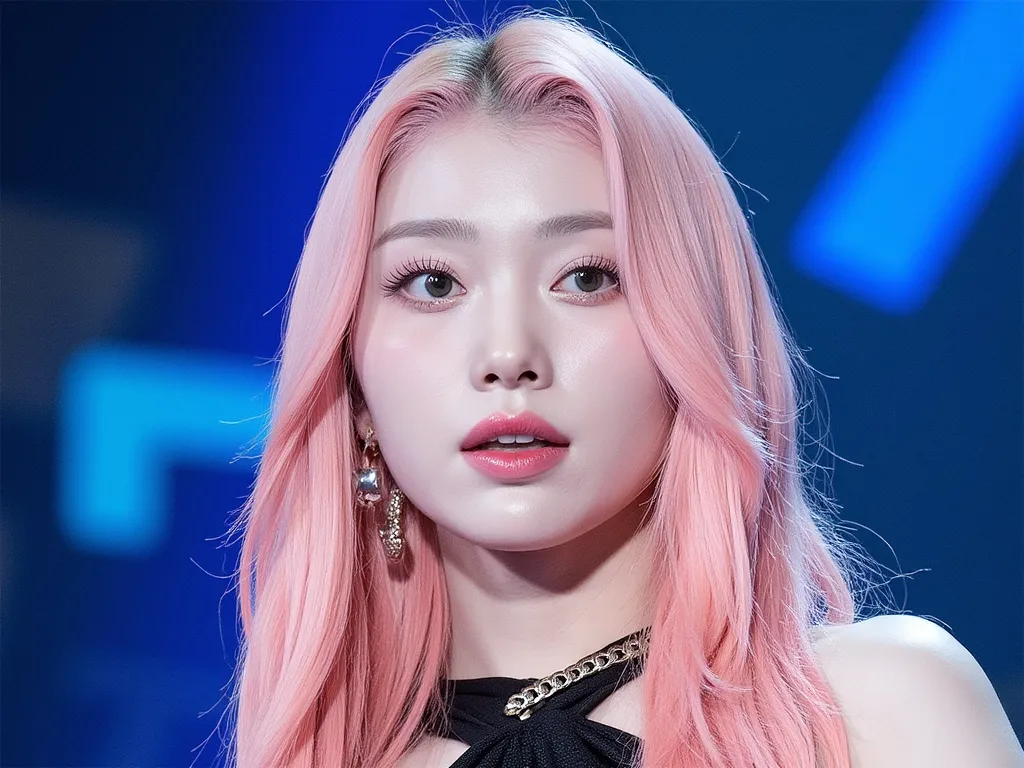 Soft creamy pastel pink hair , western make up ,  dior, blue eyes , nude pink make up , ถ่ายแบบ , shiny hair , high quality , at stage , concert black dress , cold , black tank top or spaghetti strap top with edgy details. Overall, this outfit blends eleme...