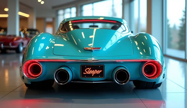 "A realistic, high-quality image of a modern sports car seen from the back bumper view, resembling a  1954 Chevy Nova Sleeper . The car is aqua blue with glossy paint and a sleek, aerodynamic design. It has four large, round exhaust pipes and a wide, conti...