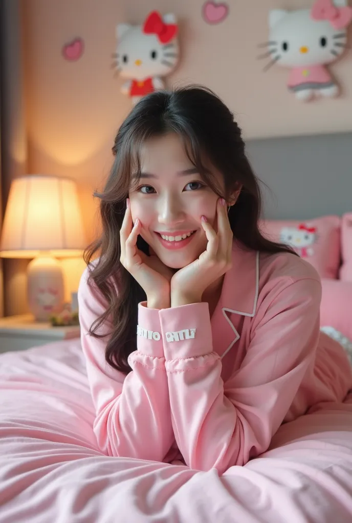 a beautiful Korean woman, wearing hello kitty pink pajamas, is lying on the bed, the wall is decorated with embossed hello kitty motifs and a bed lamp on the table and pillows with pictures of hello kitty and hello kitty dolls. clear face, very realistic, ...