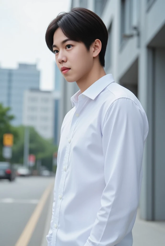 23 years old　Japanese　male　university student　Hairstyle parted in the center　I can see your forehead　Simple Outfit　color of clothing（monotone）　Full body photo（Photos where the face is hard to see）　profile　place（Urban city）