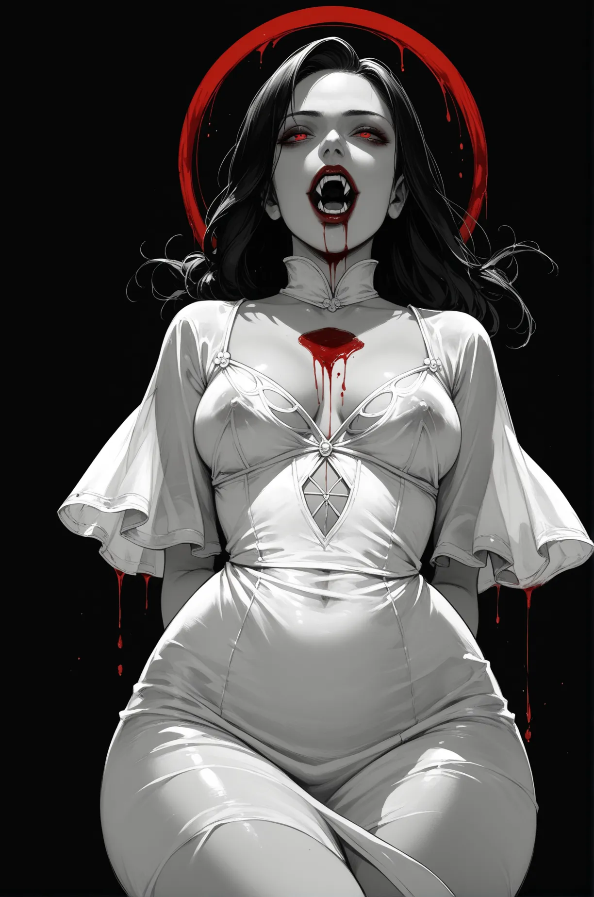 score_9, score_8_up, score_7_up, a vampire girl, open mouth, fangs, red lips, red eyes, seductive look, black hair, colonial dress, white dress, see-through silhouette, medium breast, wide hips, thighs, hands behind back, blood dripping from his mouth, (fr...