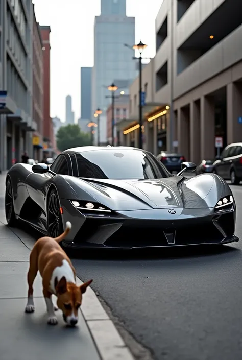 "An SSC Tuatara hypercar is parked on a street with a dog pooping in front of it. The car has a sleek, aerodynamic design with sharp edges and a glossy metallic finish. The background is a cityscape with modern buildings and streetlights. The dog, a medium...