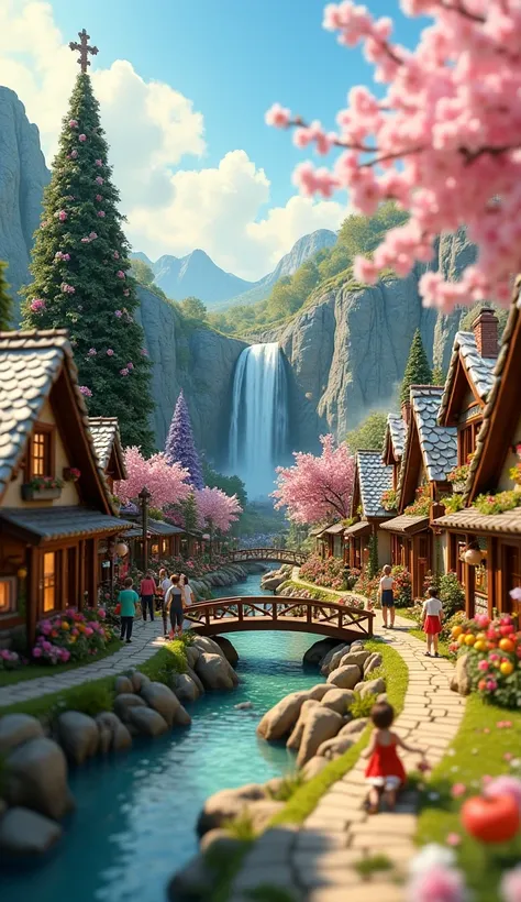 "A picturesque miniature village basking in the warmth of spring. The snow has melted, revealing lush green grass and vibrant flower beds. A stunning waterfall cascades down a rocky hillside in the background, shimmering under the golden sunlight. The hous...