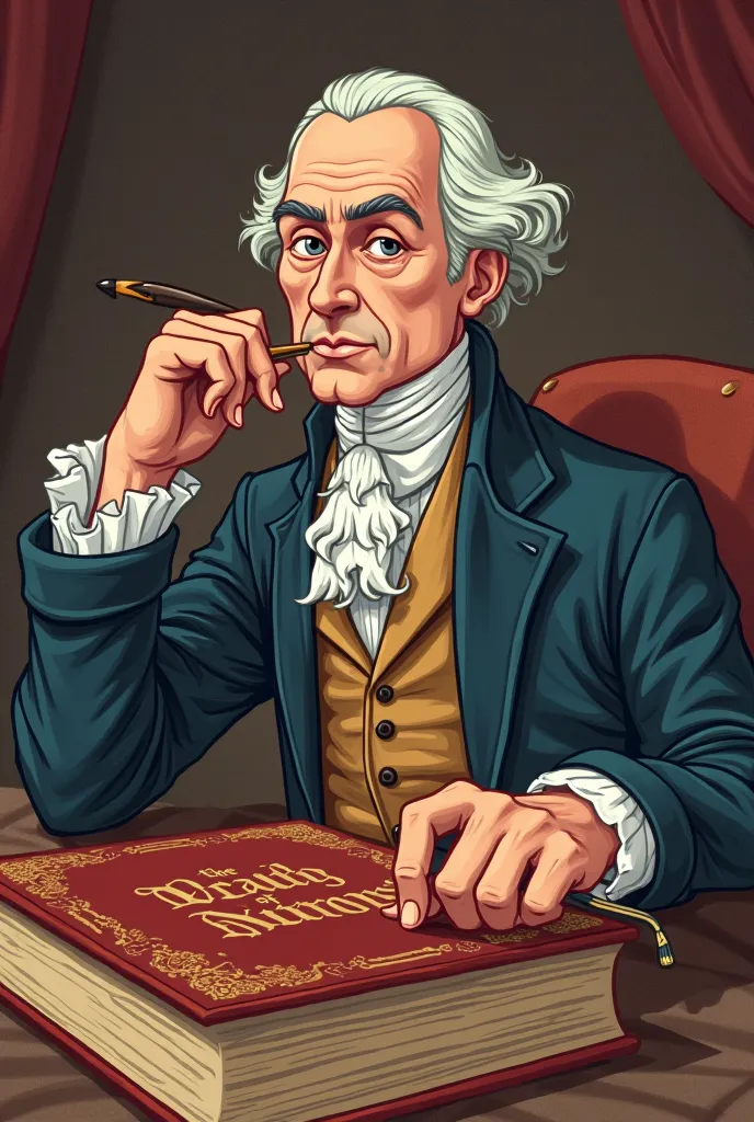 A cartoon drawing of Adam Smith, a stern yet thoughtful man with a quill pen in hand, sitting in front of a large book titled "The Wealth of Nations."