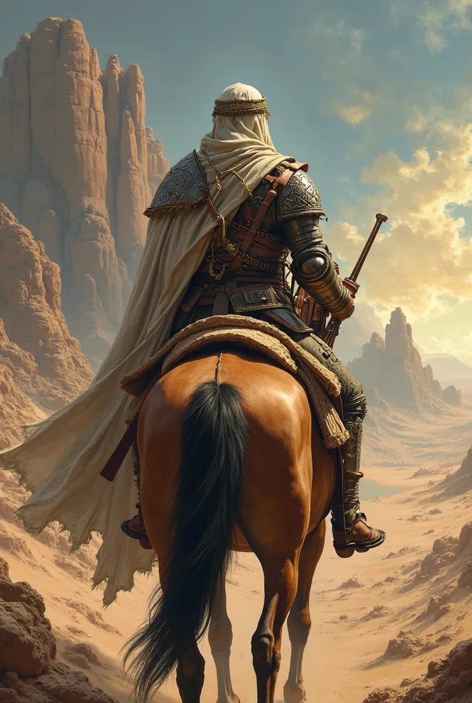 A male knight wearing Arab clothes in the past shows only her back and sitting on a horse in the desert 