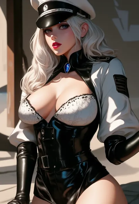 Create an image of the most stunningly beautifully Esdeath elite Officer, Stunningly gorgeous beautiful perfect face, long luscious eyelashes,  black eyeliner, perfect makeup, lipstick, vibrant sapphire eyes, perfect smooth skin, long platinum blonde hair,...