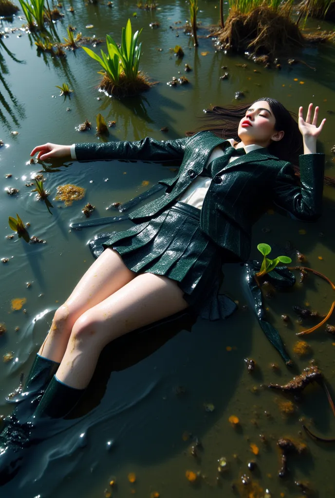 Schoolgirl in a school uniform suit, in a skirt, jacket, blouse, dark tights, high-heeled shoes. She is swimming in a dirty swamp, lying underwater, all her clothes are completely wet, wet clothes stick to her body, the whole body is underwater, submerged ...