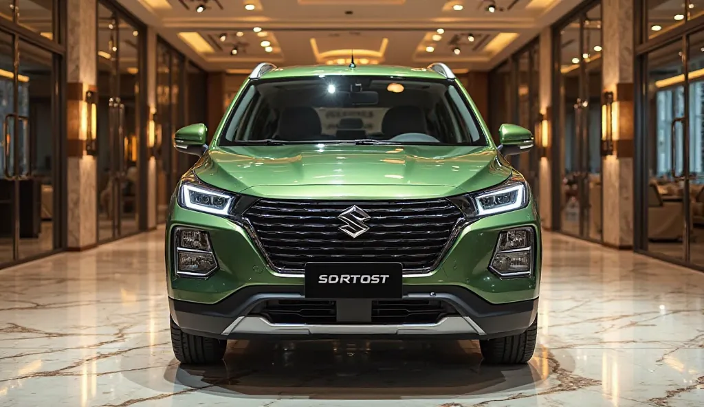 Here’s a prompt to generate an image exactly like this but inside a luxury showroom:

"A high-quality, front-view image of a Suzuki S-Cross in the same metallic green color, positioned inside a luxurious showroom. The car retains its original design, grill...