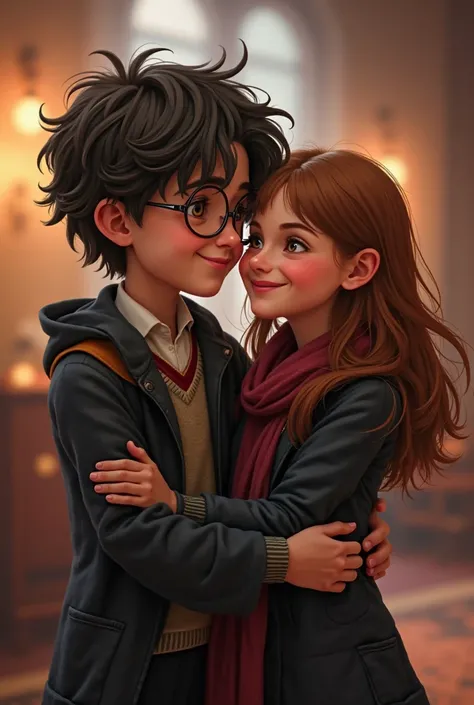 
harry potter (in glasses) and Hermione hug the camera holding hands