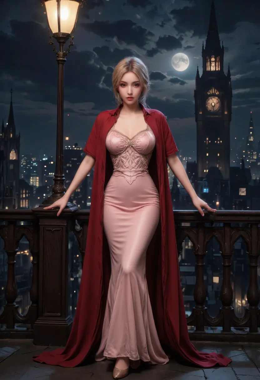 comic art, fantasy art, RPG art, ultra wide shot, a picture of a mysterious woman standing under the streetlamp, in the big city, a beautiful mature woman, elegant woman, dynamic hair color, dynamic hair style, wearing intricate pink silk dress,  billowing...