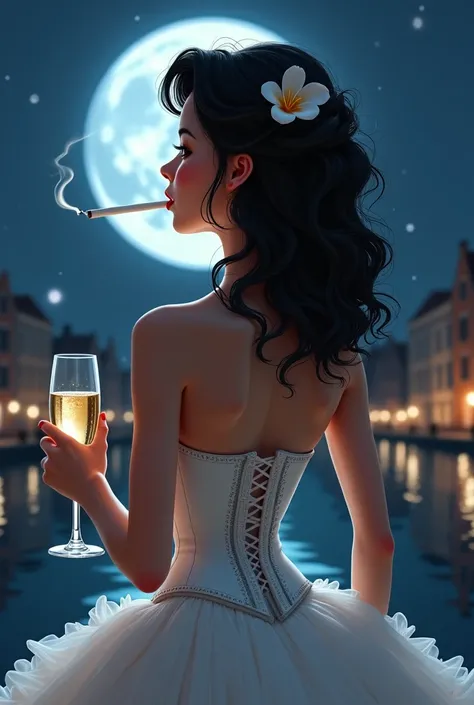 Create a young age girl on her back without showing literally anything of her face, one hand holds a glass of champagne, The other a cigarette. Big wavy dark and black hair, Very tight and traced corset I hope it fits and without straps very white, A round...