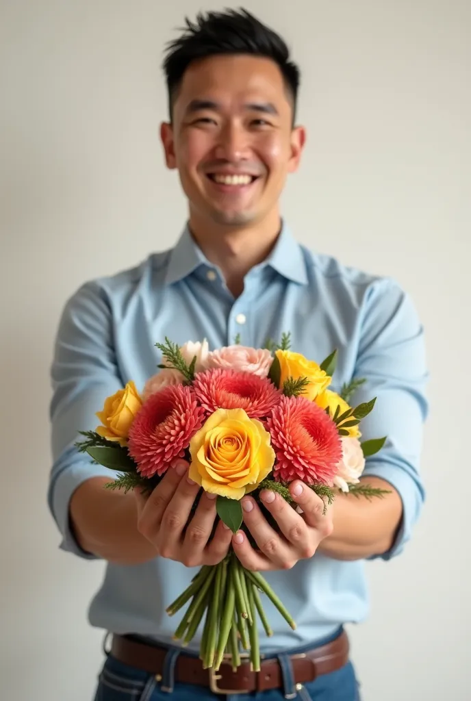 a handsome short-haired man stands, well-shaved in good shape, hands a bouquet of flowers right to the camera and smiles moderately