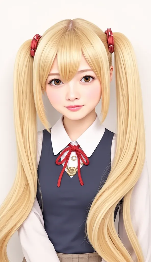       Silky Smooth Hair      、 his hairstyle is straight 、Long Hair That Reaches to the Chest、 、miniskirt、(hairstyle with hair tied２bunched hairstyle　twin tails)、uniform、金髪のロングヘアでtwin tails