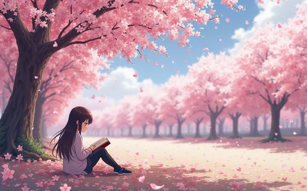 Generate a realistic picture for wallpaper in anime style in the park with blossom Sakura trees and lightly falling petals with the girl sitting and reading a book on the left side of the image during the day. The wind slightly blows her hair. Use light pi...