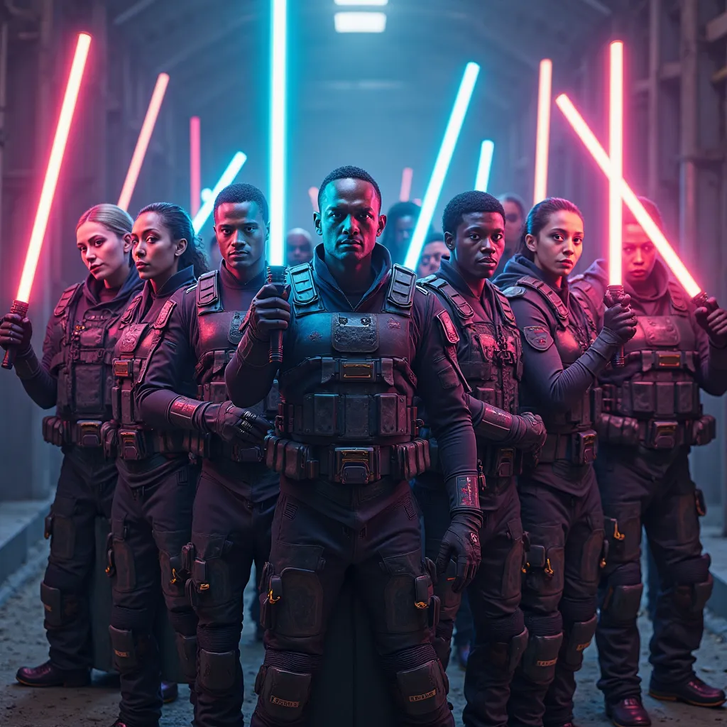 A diverse group of people in tactical gear with lightsabers and glowsticks.  The words “VEN GLOWUNITY”
