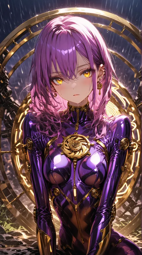 ((masterpiece, high image quality ,8k)),(( very detailed ,perfect picture)),(perfect anatomy),(ultra detailed), robot woman,Machine Body,wet,(purple tight pilot suit),((sit)),knees up, Exposure,Thin fabric,chest visible,wheel,(((金色の巨大なwheelが背景にある))),(古典的な円...