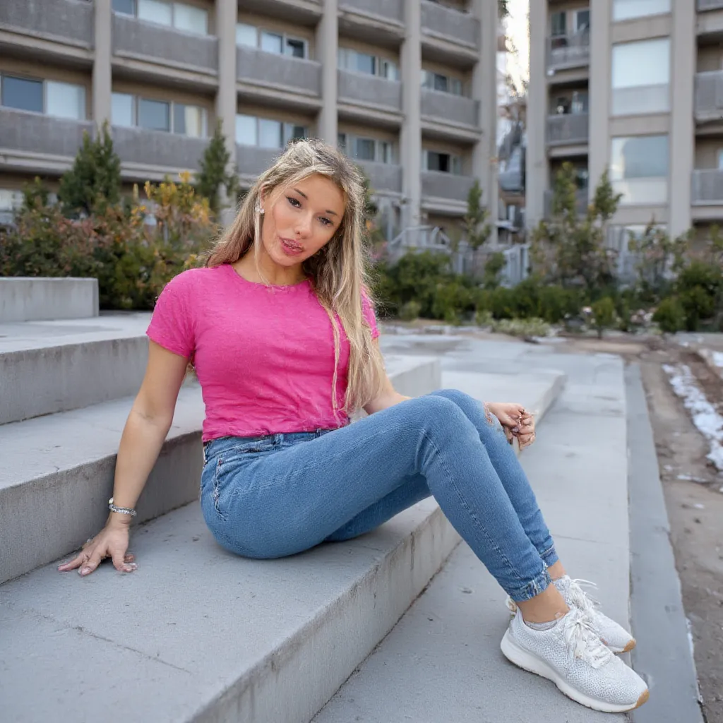 woman sitting on stairs. Hat ein rosanes shirt an.a pair of jeans and sneakers . ,  style photorealistic , ,  sharp focus, Background apartment blocks , daylight,  full body