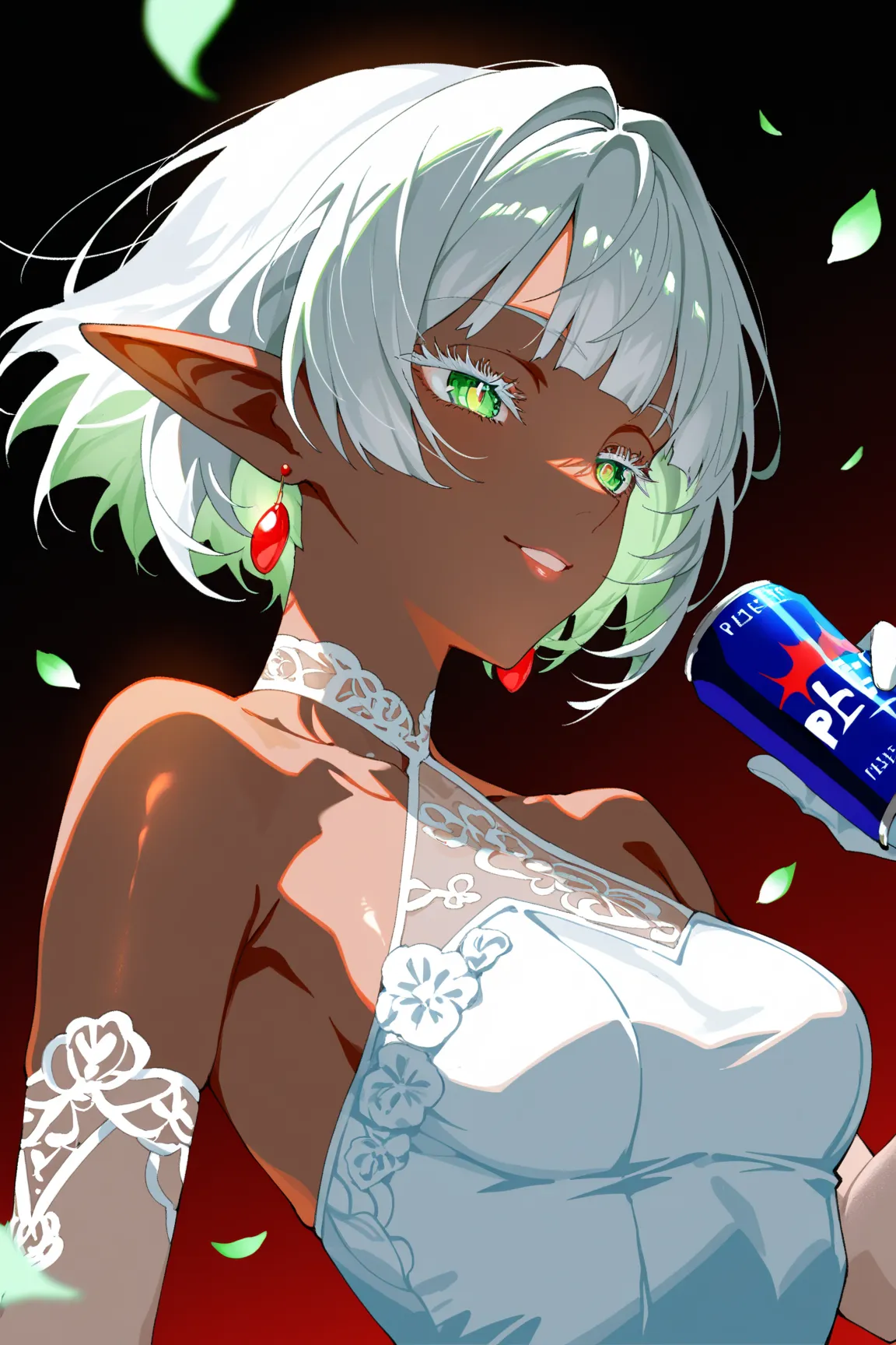 1girl, solo, female dark elf, silver bob cut Hair, green eyes, Delicate and perfect brushwork, (beautiful eyes, details eyes, narrow black pupil, green iris, long silver eyelash), pointy ears, Shiny skin, Glossy lips, plump lips, medium breasts, seductive ...