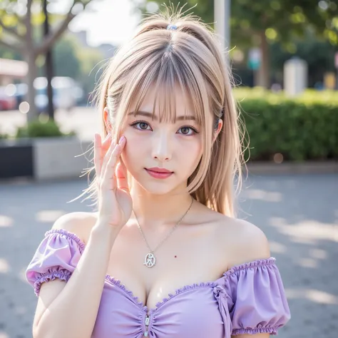 ((8K wallpaper)),((blond hair)),((side ponytail)),((big breasts,Big Breasts)),((dark eyeshadow pink with dark orange lipstick)),(( beautiful Japanese girl)),((Intelligent Glasses)),((street corner background )),((colorful manicure for nails)),((earrings, n...