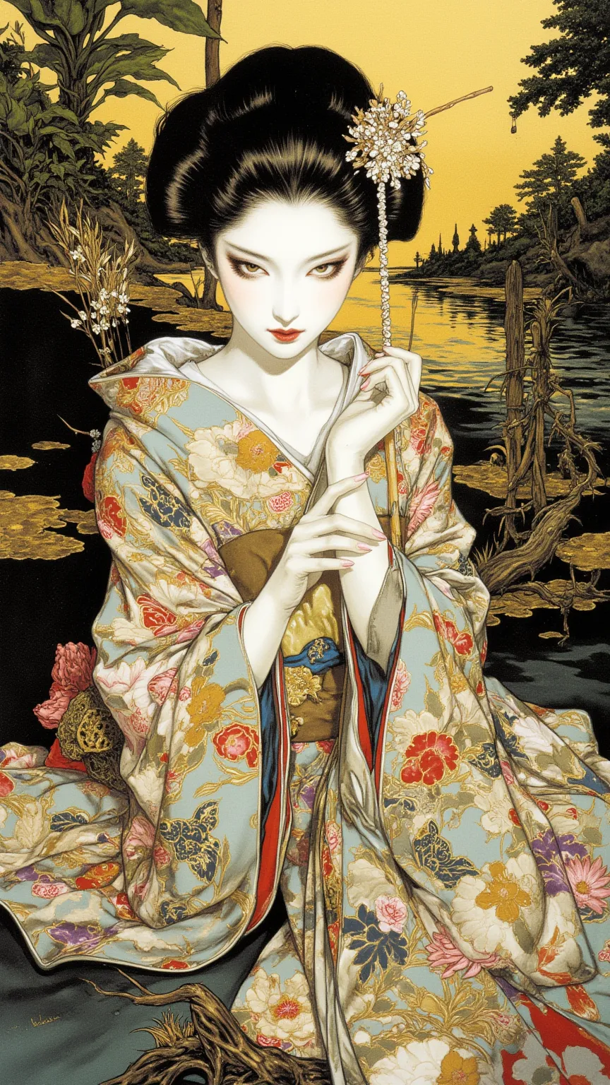 Geisha，Painted by Shirou Masamune，in a highly detailed and dynamic style, 