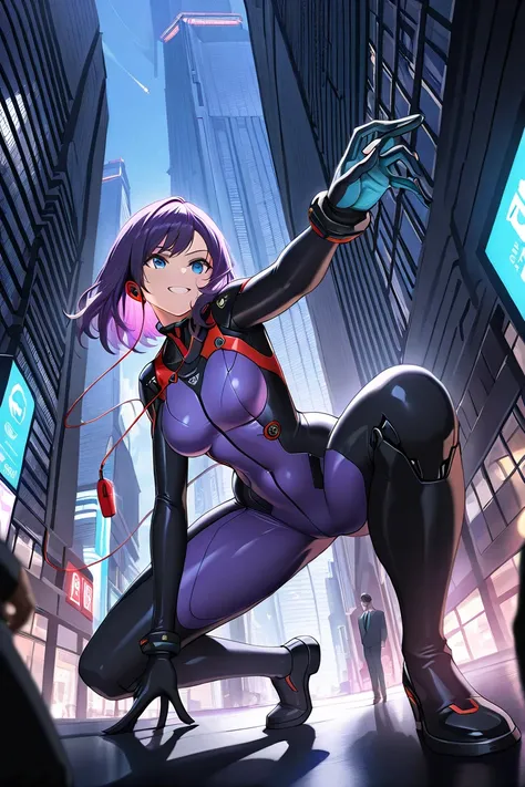 ((((  masterpiece)))), (((( top quality)))),  High Resolution,anatomically correct,1 girl crouching, perfect suit, girl,purple hair,Food,Wear ,belly button sticking, trainer,blue eyes,Grin,Earphones,mechanical, tall buildings, action, cybertech,anime,persp...