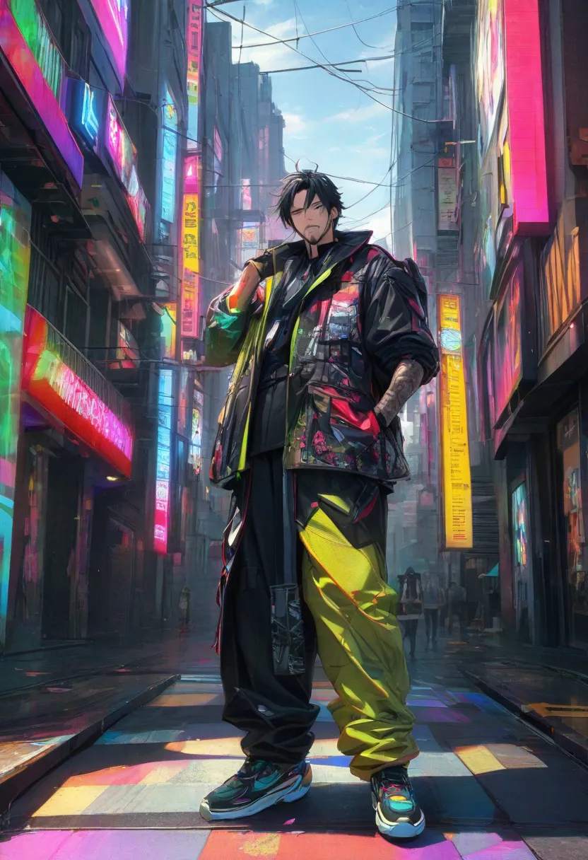 best quality, masterprice(solo:1.1), raytracing, ultra detailed,detailed face, 8k wallpaperA dark anime style of an adult male with black hair and goatee wearing all-black modern sci-fi , he is in the middle ground facing forward smiling softly while stand...