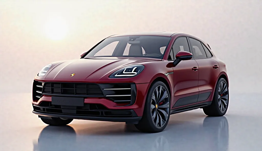 Generate a high-quality full exterior view of the 2025 Porsche Macan EV Turbo in maroon color, showcasing its sleek and high-performance electric SUV design. The front should feature a smooth, aerodynamically optimized fascia with Porsche’s signature four-...