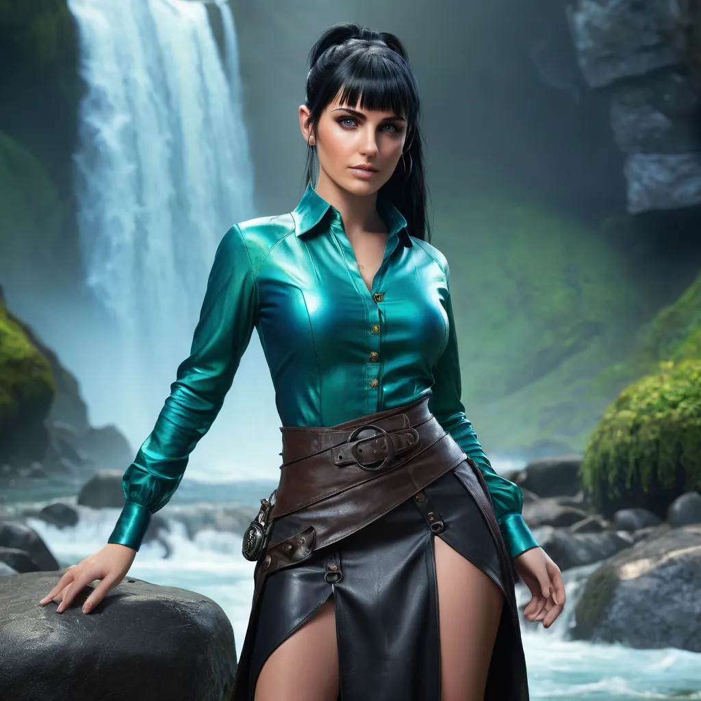 8k photo realistic full body image of an extremely almost unimaginably and irresistibly gorgeous 31 year old European female technomancer sorceress, with straight black hair worn up in a ponytail with bangs, piercing green eyes, ep, petite facial features,...